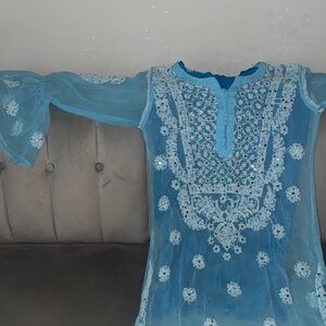 Embroidered Blue Sheer Tunic